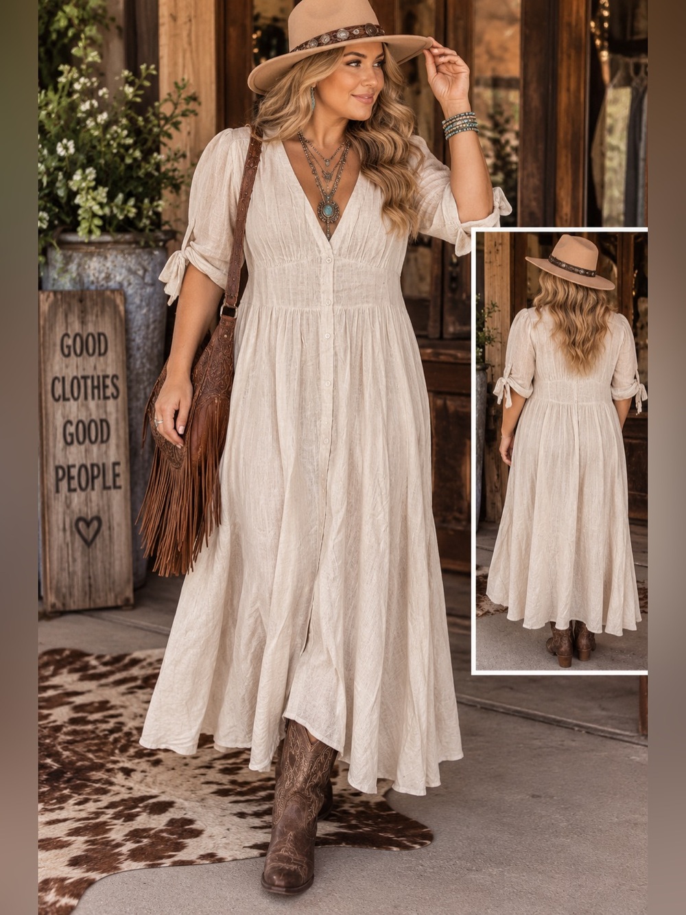 Love + Harmony Cream Button Front Maxi Dress Boho Linen Blend Size L NWT